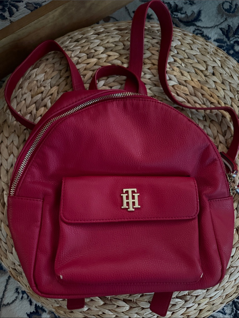 Tommy Hilfiger Red Mini Leather Backpack with Gold TH Accent